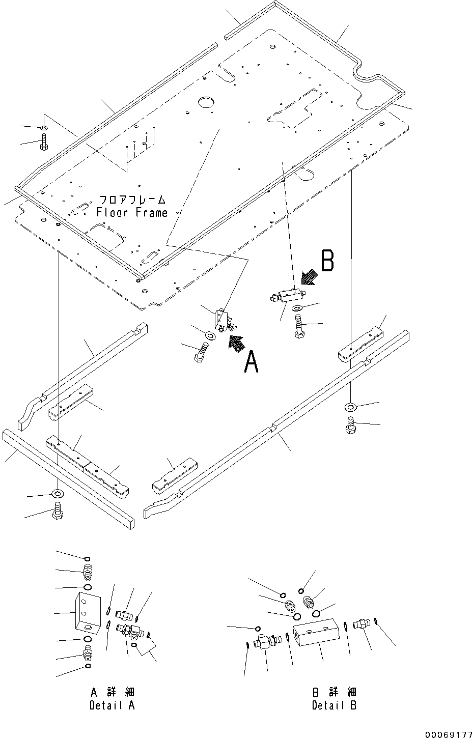 Komatsu parts book diagram for PC190NLC-8 S/N K50001-UP: CAB, 1-ACTUATOR, FLOOR, P, T BLOCK AND SEAL