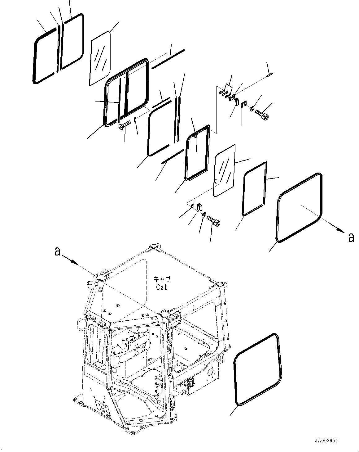 Bulldozers Komatsu / D65PX-16 S/N 80001-UP(0000239C) / ROPS Cab, Sash type Glass Window, R.H. (#80001-)(K026022 : K0210-011015)