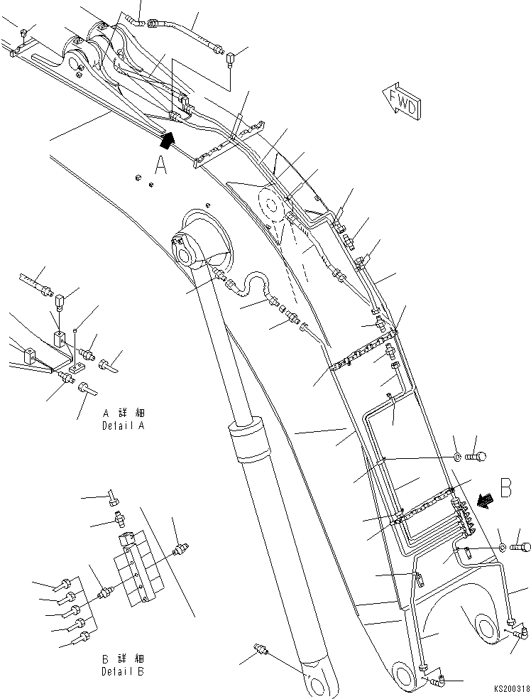 Komatsu parts book diagram for PC800-8E0 S/N K55001-UP: BOOM, 8200MM, LUBRICATION, BOOM