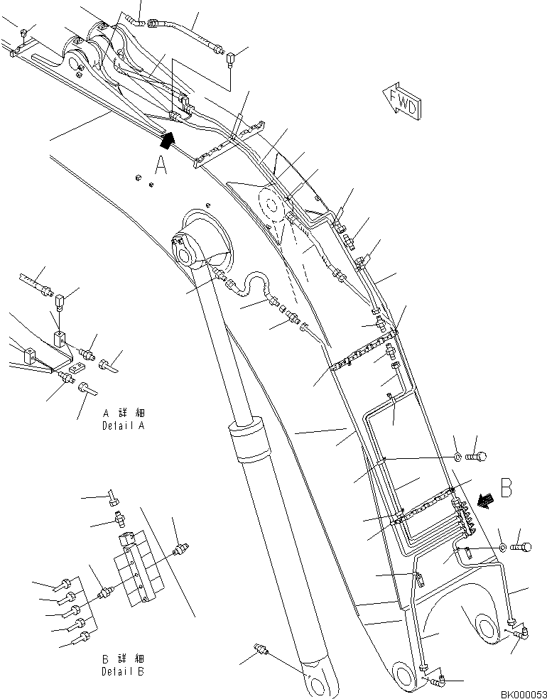 Komatsu parts book diagram for PC800-8E0 S/N K55001-UP: BOOM, 8200MM,  FOR BACKHOE, LUBRICATION, BOOM, (CLV)