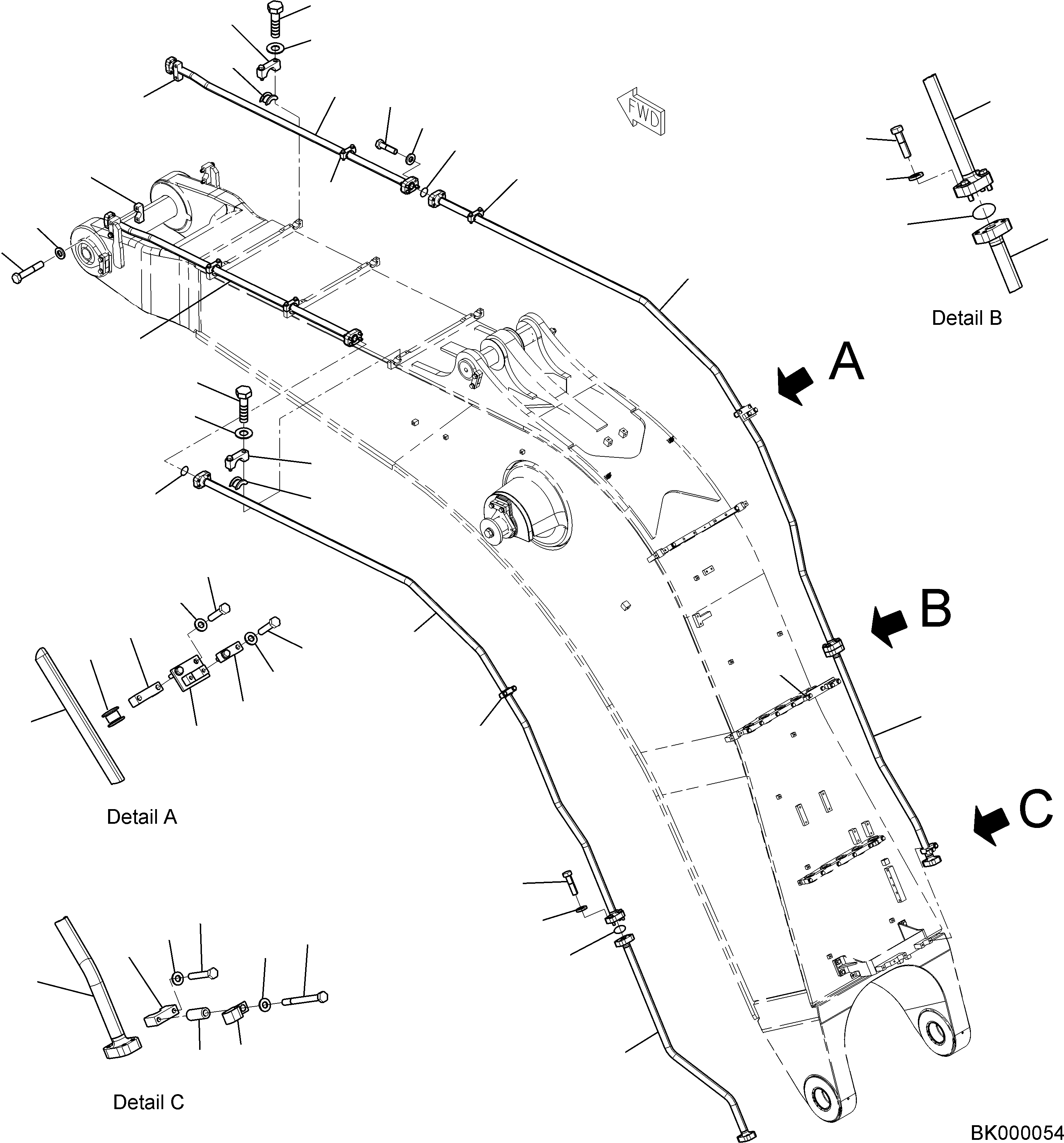 Komatsu parts book diagram for PC800-8E0 S/N K55001-UP: BOOM, 7100MM, (HBV), BUCKET CYLINDER PIPING