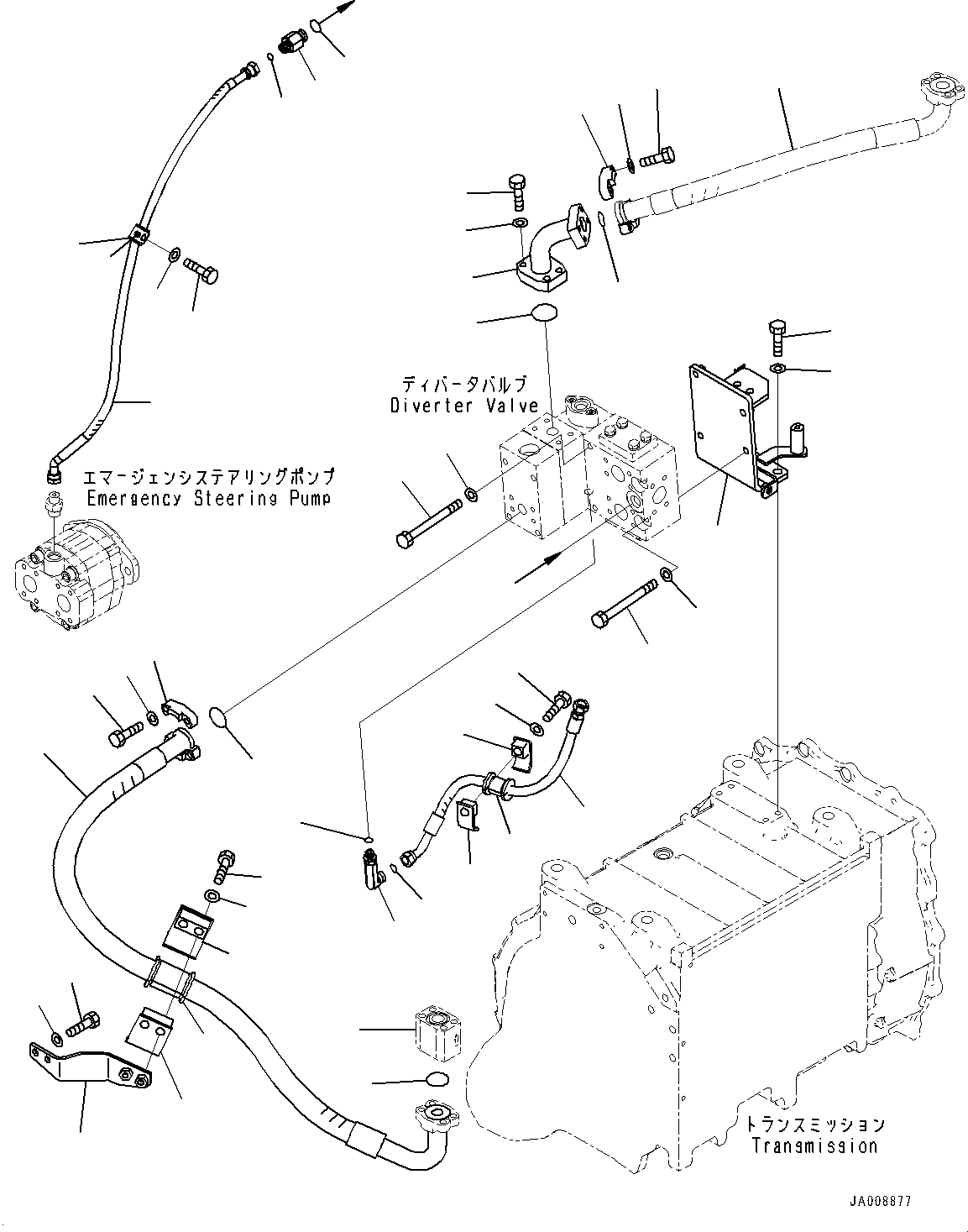 Wheel Loaders Komatsu / WA500-7 S/N 10001-UP(0000636H) / Torque Converter and Transmission, Emergency Steering Pump Piping (1/2)(F002033 : F4300-001033)