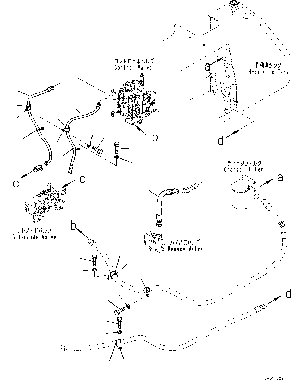 Bulldozers Komatsu / D39PX-23 S/N 90001-UP(0000693C) / Drain Piping, Control Valve to Solenoid Valve (#90001-90492)(H007001 : H0340-001001)