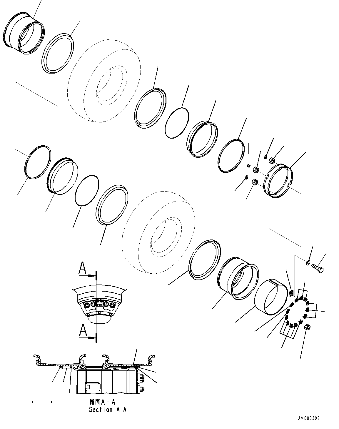 Komatsu parts book diagram for HD1500-7 S/N 80138-UP (-40 deg C) Chassis only: RIM, REAR WHEEL (#80138-)