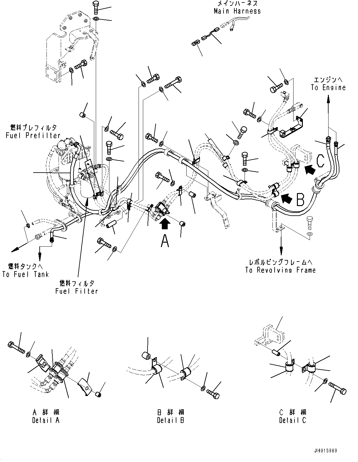 Komatsu parts book diagram for HB365-1 S/N 1001-UP: FUEL SUPPLY PIPING, FUEL MAIN PIPING (#1001-)