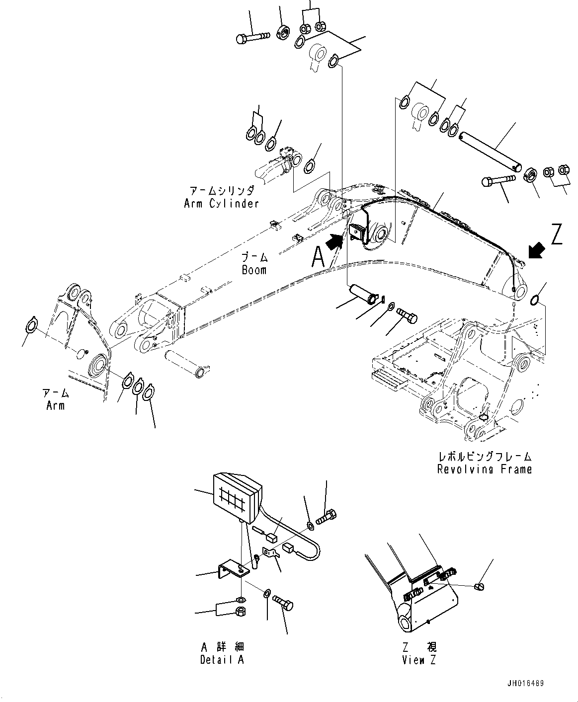 Komatsu parts book diagram for HB365-1 S/N 1001-UP: BOOM, CYLINDER PIN AND WORKING LAMP (#1001-)