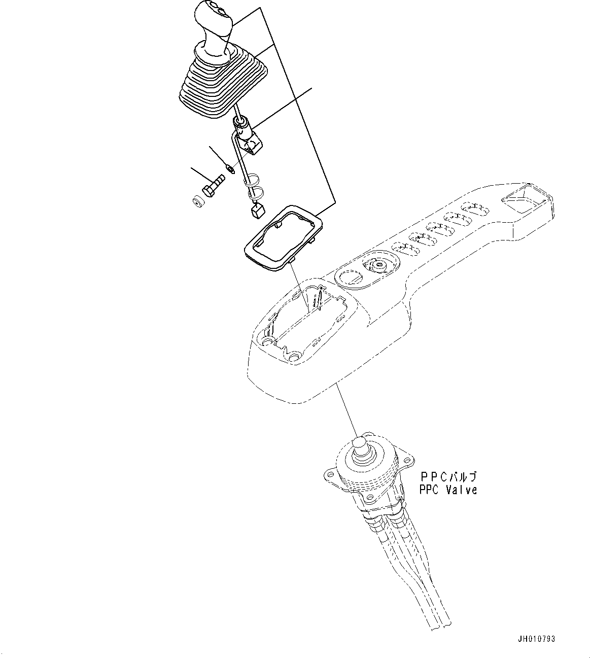 Komatsu parts book diagram for HB215LC-2 S/N 50001-UP: CAB, FLOOR, WORK EQUIPMENT CONTROL LEVER, R.H. (1/2)
