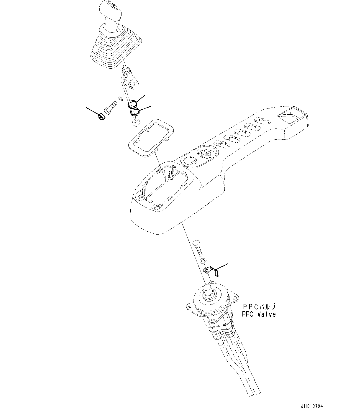 Komatsu parts book diagram for HB215LC-2 S/N 50001-UP: CAB, FLOOR, WORK EQUIPMENT CONTROL LEVER, R.H. (2/2)