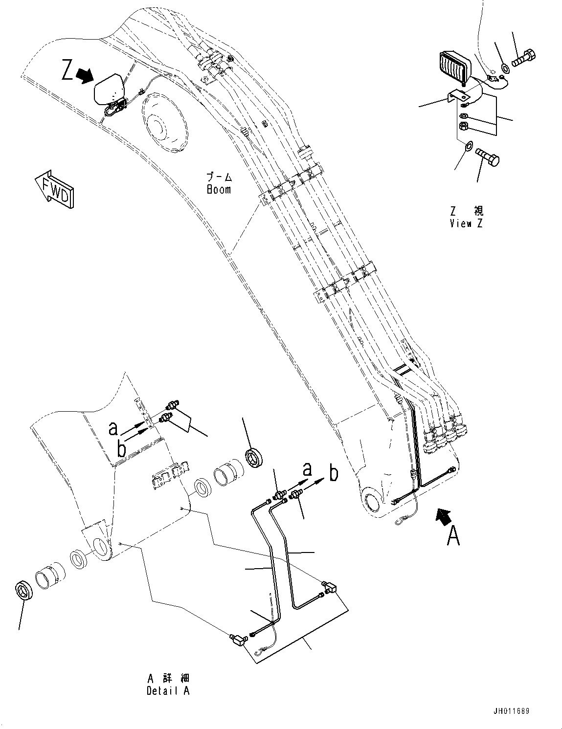 Komatsu parts book diagram for PC240LC-11 S/N 95001-UP: BOOM, LUBRICATION PIPING AND WORKING LAMP (#95001-)