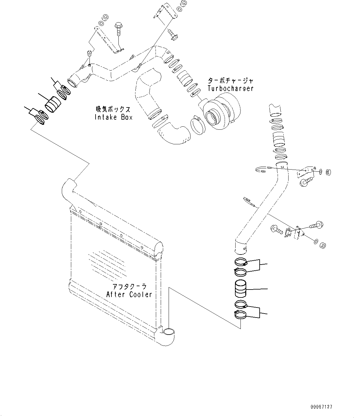 Komatsu parts book diagram for HD465-7E1 S/N 20001-UP (For EU): RADIATOR, AIR INTAKE PIPING (#20001-)