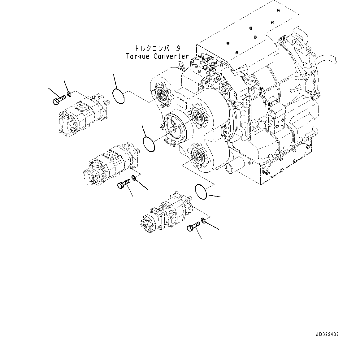 Komatsu parts book diagram for HD465-7E1 S/N 20001-UP (For EU): TORQUE CONVERTER AND TRANSMISSION, PUMP MOUNTING (#20001-)