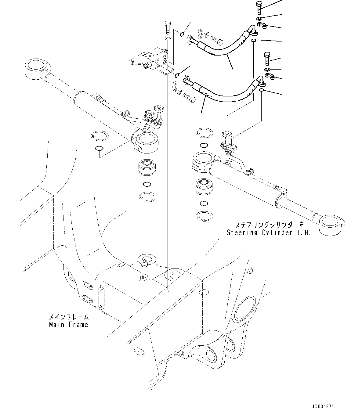 Komatsu parts book diagram for HD465-7E1 S/N 20001-UP (For EU): STEERING AND HOIST HYDRAULIC PIPING, STEERING CYLINDER PIPING, L.H. (#20001-)