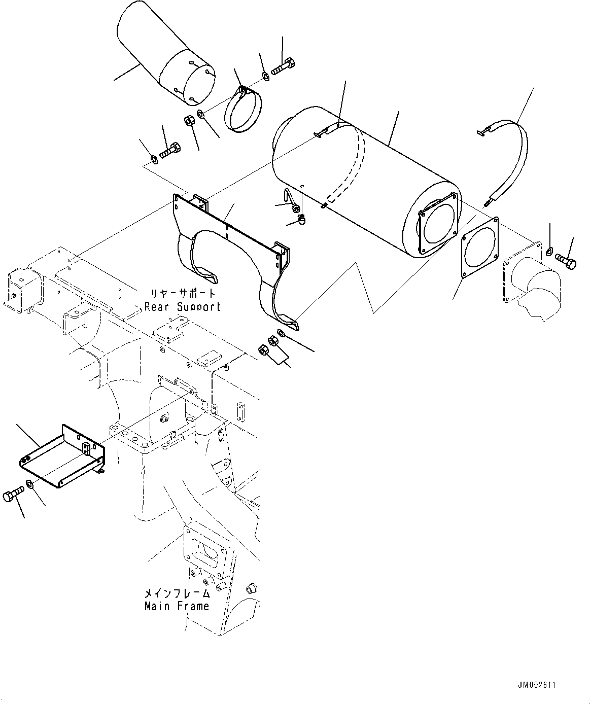Komatsu parts book diagram for HD465-7E1 S/N 20001-UP (For EU): REAR SUPPORT, MUFFLER (#20001-)