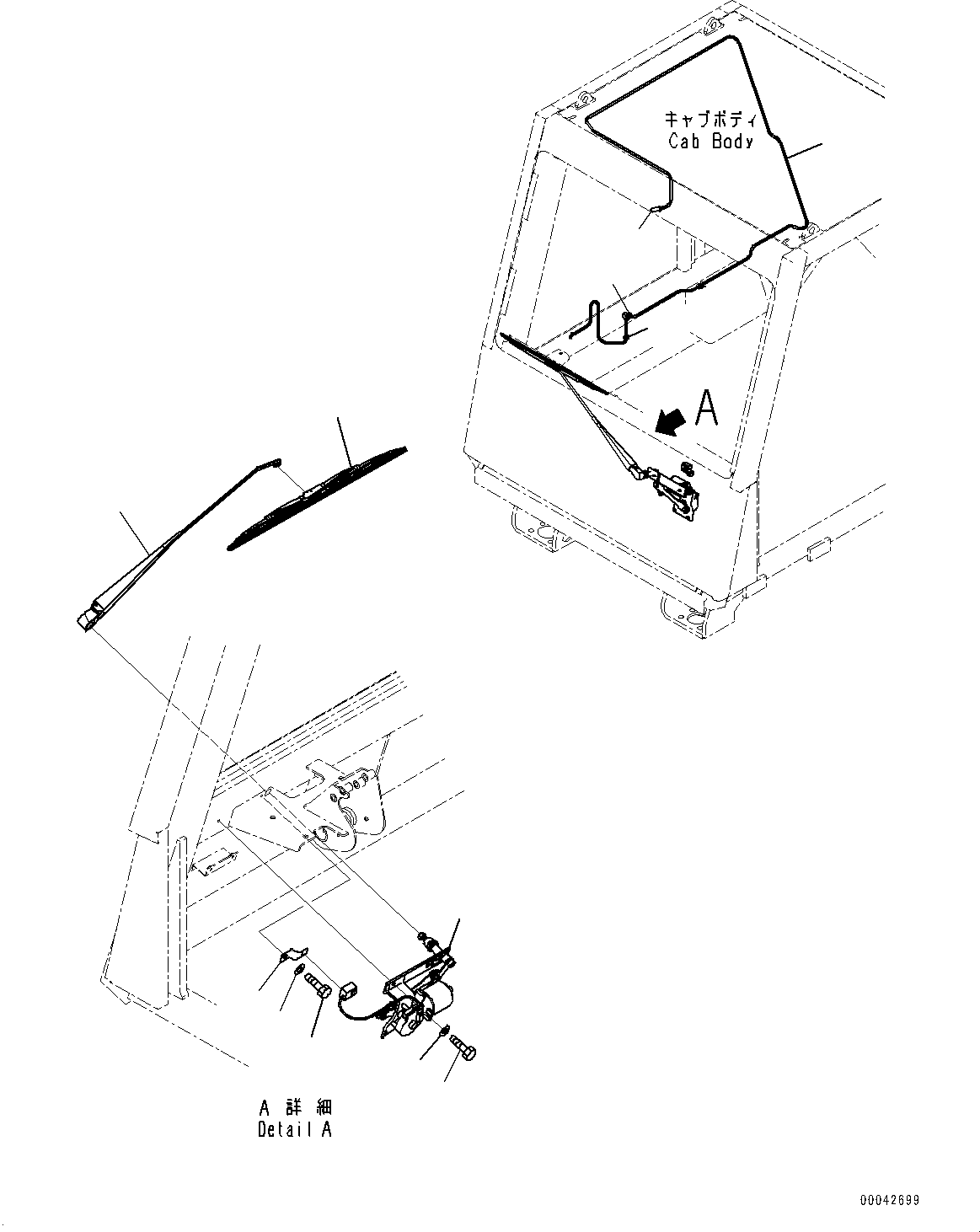 Komatsu parts book diagram for HD465-7E1 S/N 20001-UP (For EU): CAB, FRONT WIPER (#20001-)