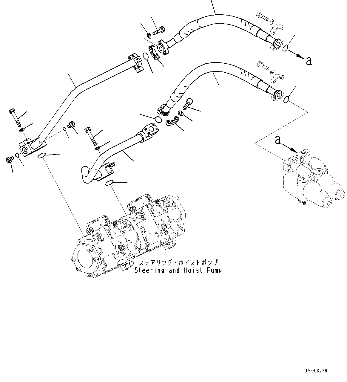 Komatsu parts book diagram for HD605-8 S/N 30072-UP (For KAL): TORQUE CONVERTER AND TRANSMISSION, STEERING AND HOIST PIPING (2/4) (#30001-)