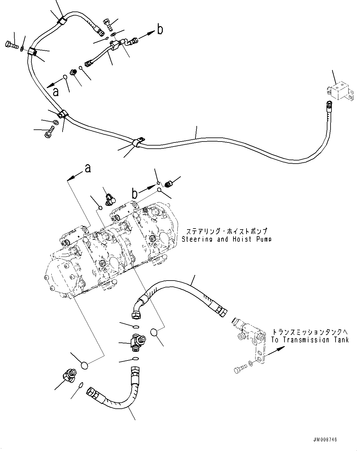 Komatsu parts book diagram for HD605-8 S/N 30072-UP (For KAL): TORQUE CONVERTER AND TRANSMISSION, STEERING AND HOIST PIPING (4/4) (#30001-)