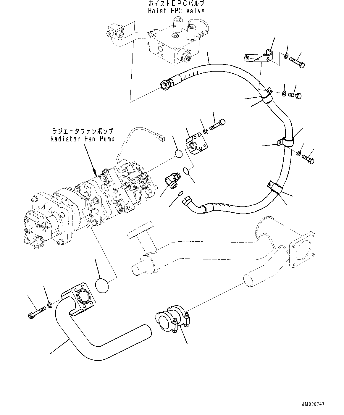 Komatsu parts book diagram for HD605-8 S/N 30072-UP (For KAL): TORQUE CONVERTER AND TRANSMISSION, RADIATOR FAN PUMP PIPING (1/2) (#30001-)