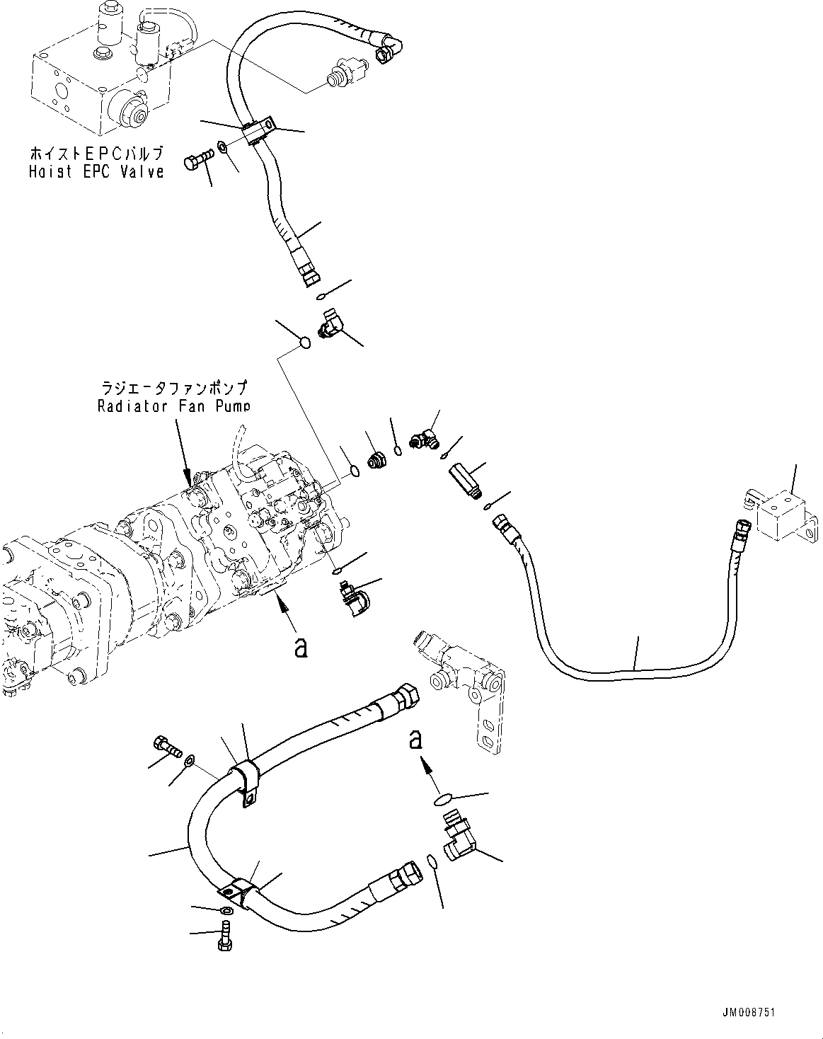 Komatsu parts book diagram for HD605-8 S/N 30072-UP (For KAL): TORQUE CONVERTER AND TRANSMISSION, RADIATOR FAN PUMP PIPING (2/2) (#30001-)