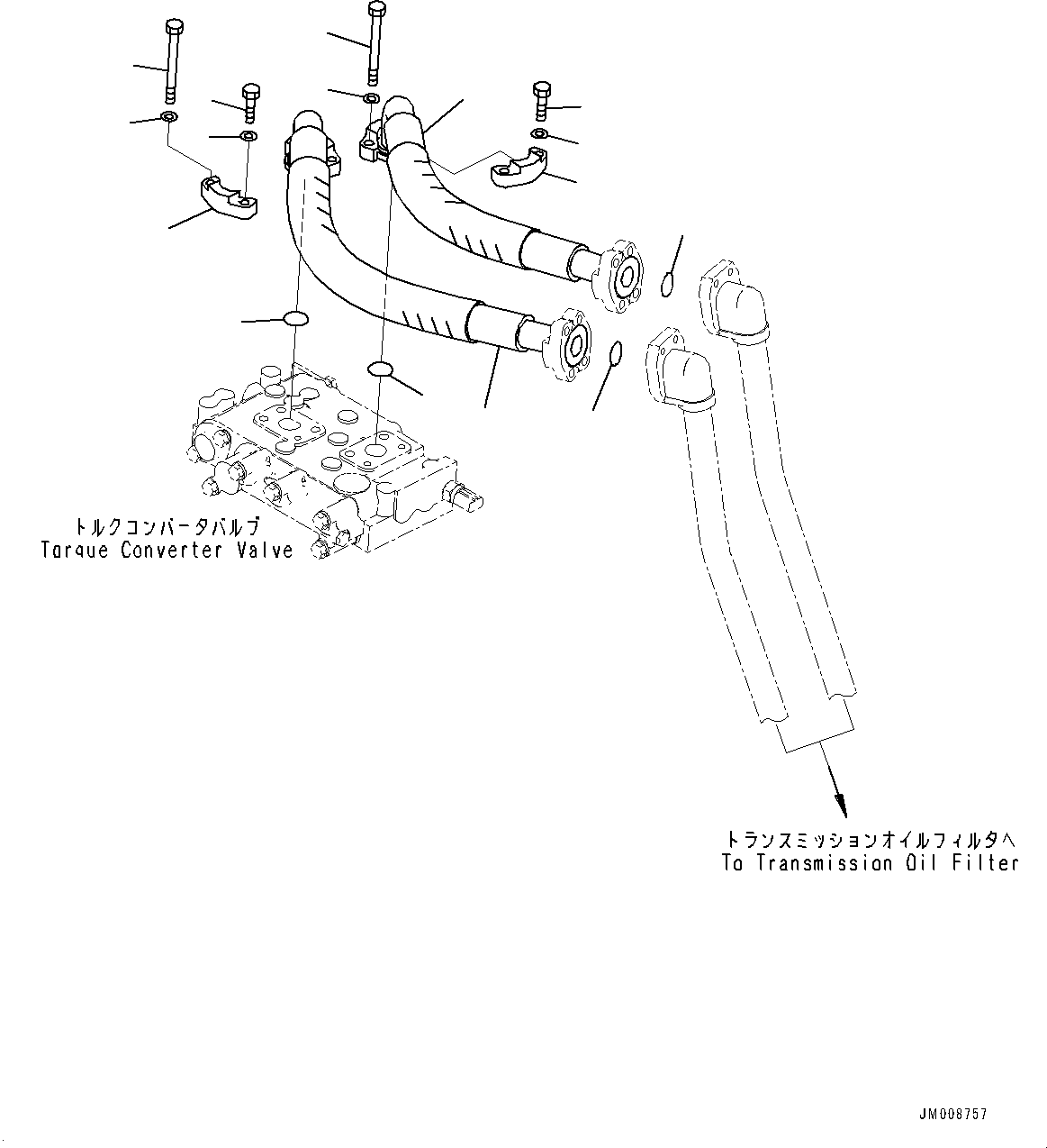 Komatsu parts book diagram for HD605-8 S/N 30072-UP (For KAL): TORQUE CONVERTER AND TRANSMISSION, TRANSMISSION OIL FILTER PIPING (#30001-)