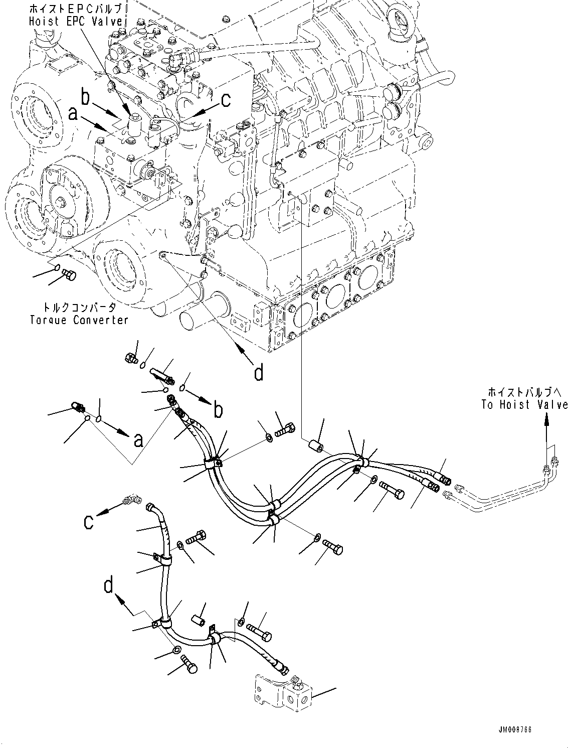 Komatsu parts book diagram for HD605-8 S/N 30072-UP (For KAL): TORQUE CONVERTER AND TRANSMISSION, HOIST VALVE PIPING (WITH PREVENTIVE MAINTENANCE SERVICE CONNECTORS) (#30001-)
