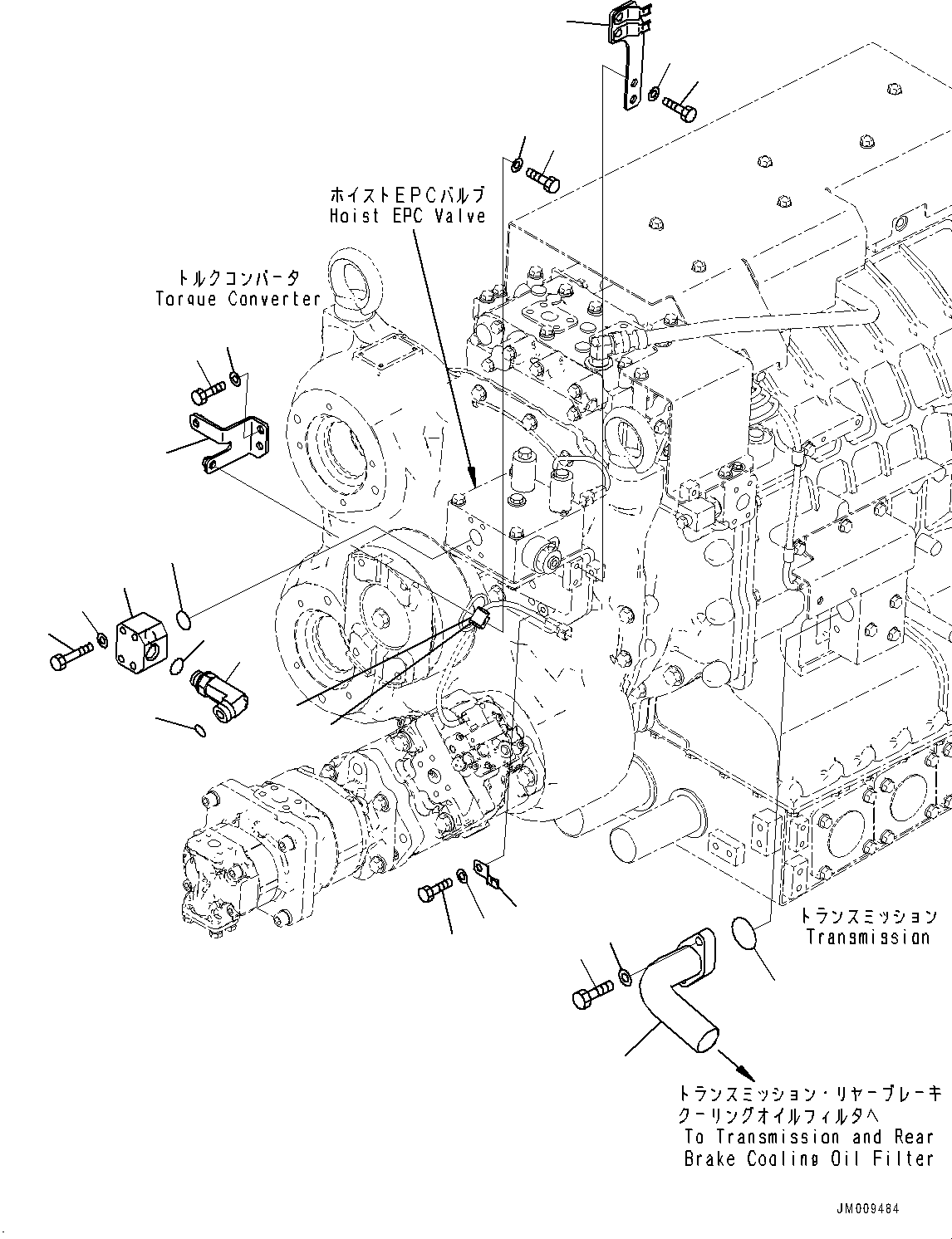 Komatsu parts book diagram for HD605-8 S/N 30072-UP (For KAL): TORQUE CONVERTER AND TRANSMISSION, BLOCK (#30001-)