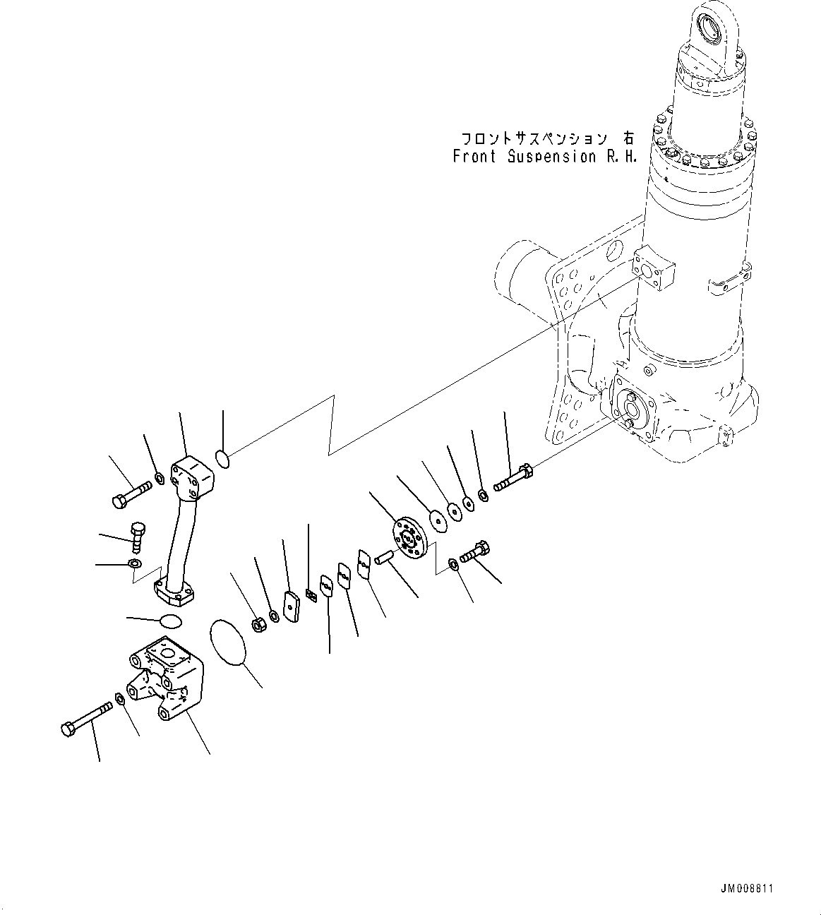 Komatsu parts book diagram for HD605-8 S/N 30072-UP (For KAL): FRONT AXLE, SUSPENSION CYLINDER, R.H. (1/2) (#30001-)