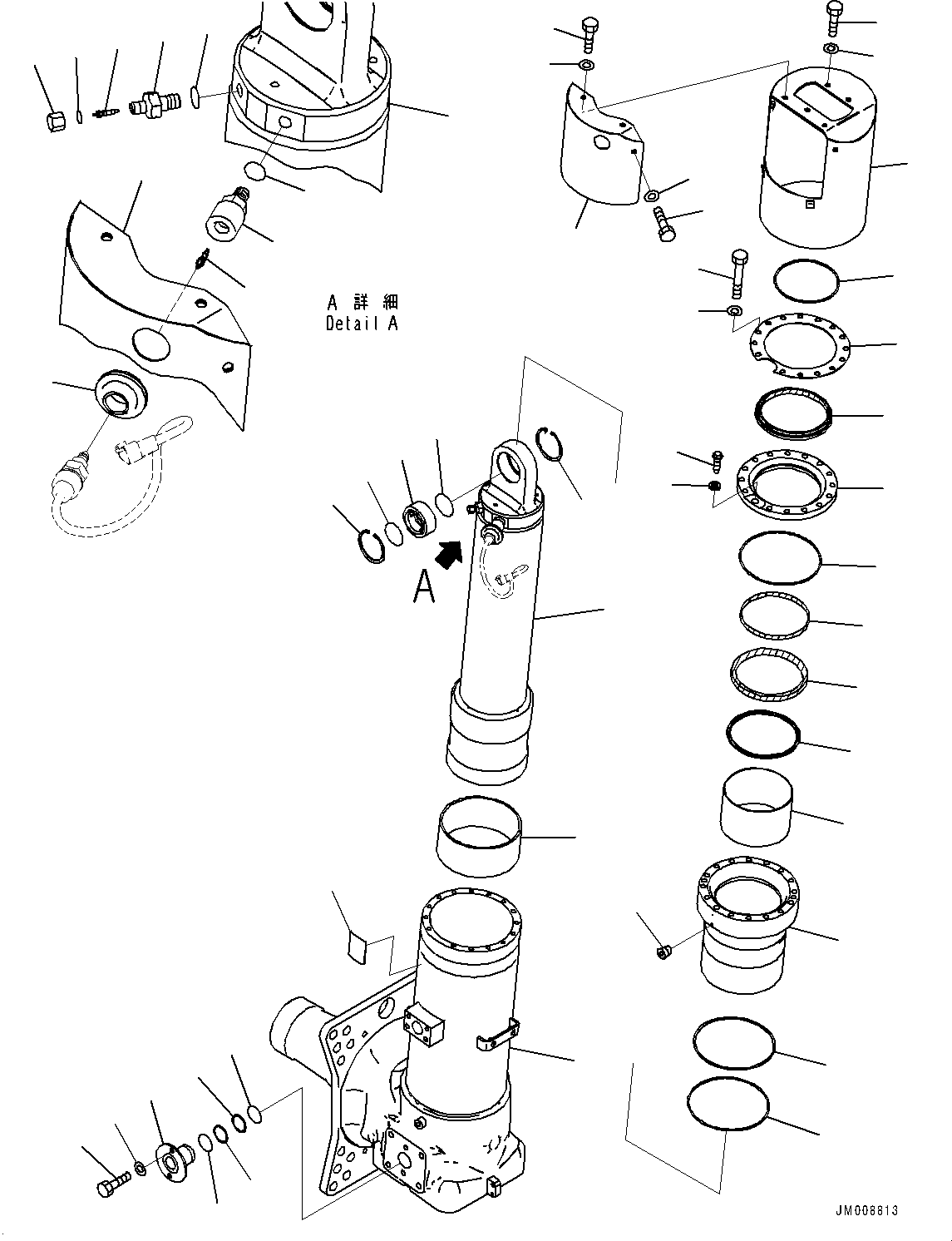Komatsu parts book diagram for HD605-8 S/N 30072-UP (For KAL): FRONT AXLE, SUSPENSION CYLINDER, R.H. (2/2) (#30001-)