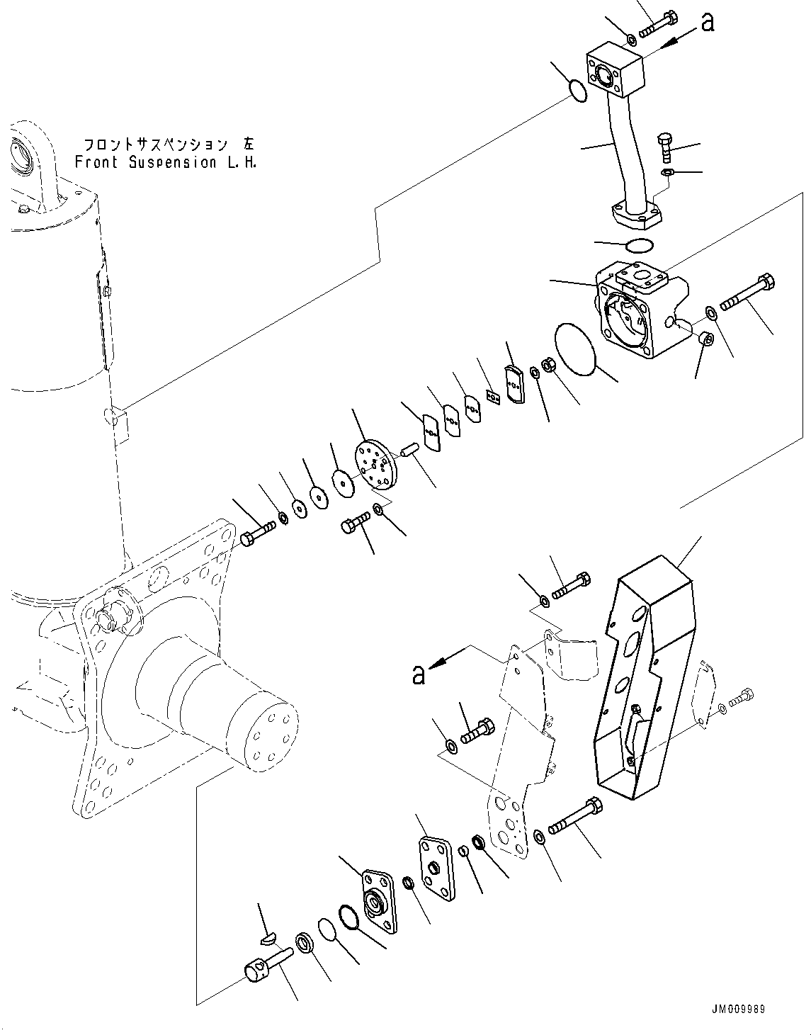 Komatsu parts book diagram for HD605-8 S/N 30072-UP (For KAL): FRONT AXLE, SUSPENSION CYLINDER, L.H. (1/2) (WITH SUSPENSION, AUTO HYDRONEUMATIC) (#30001-)