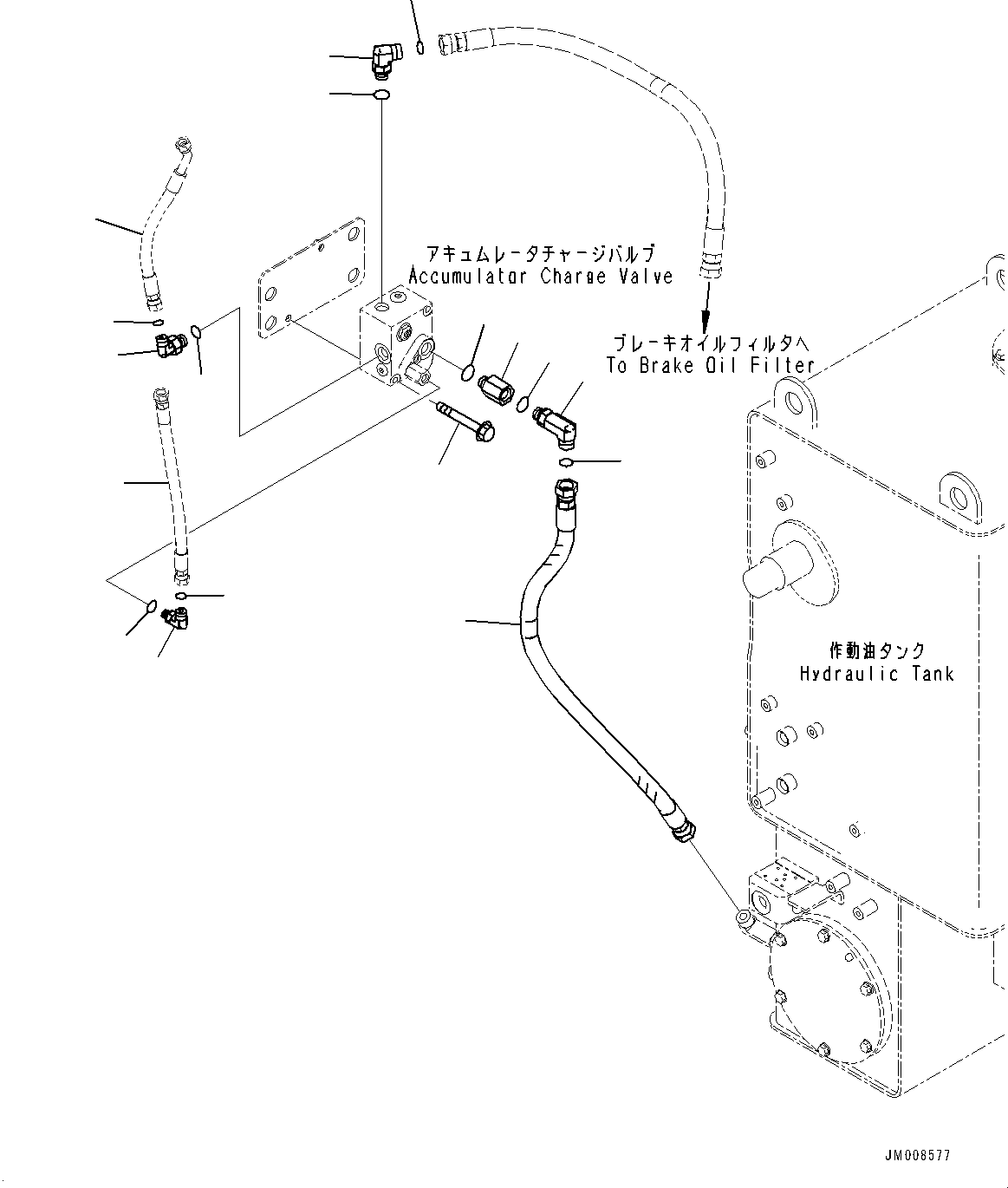 Komatsu parts book diagram for HD605-8 S/N 30072-UP (For KAL): HYDRAULIC TANK, ACCUMULATOR CHARGE VALVE PIPING (#30001-)