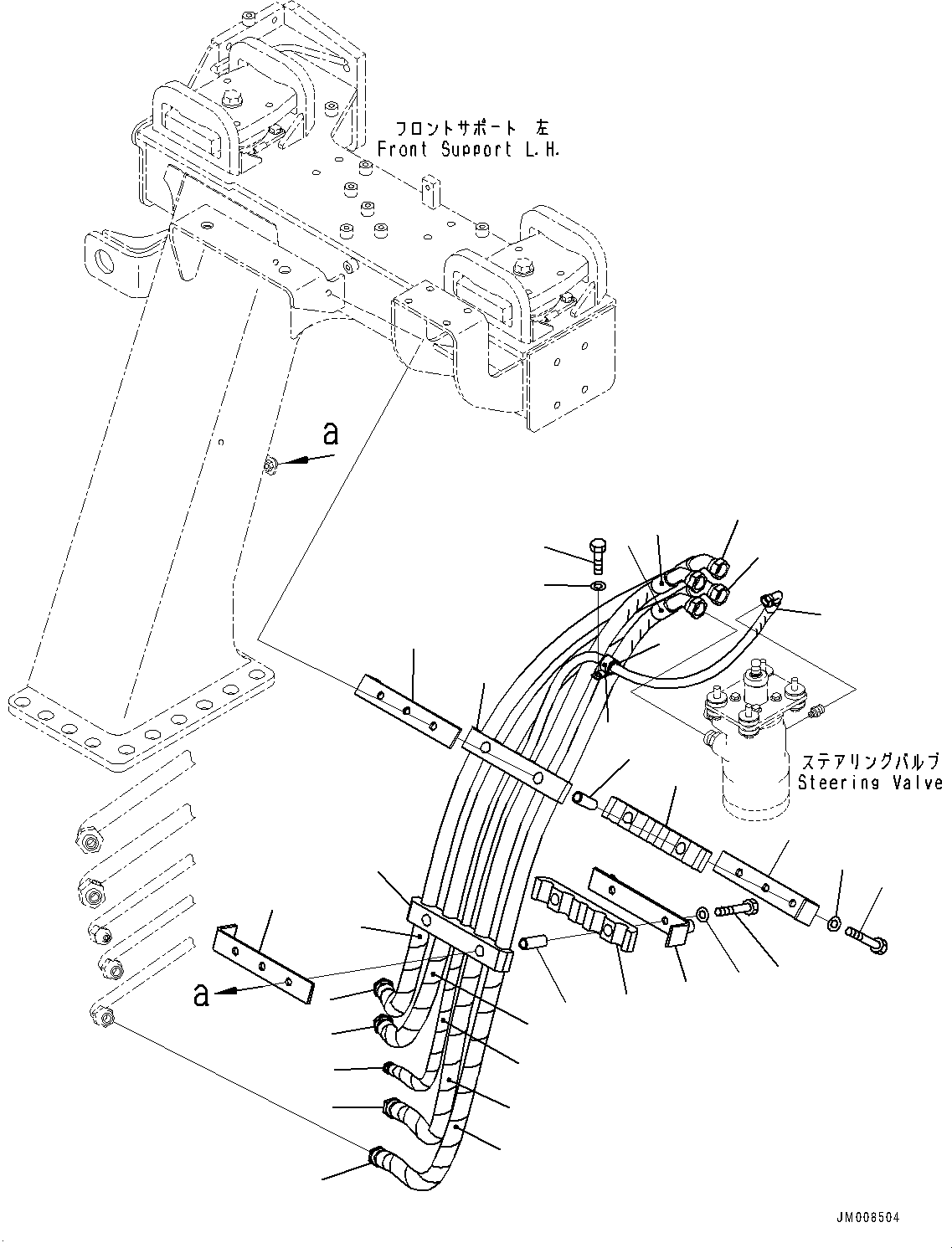 Komatsu parts book diagram for HD605-8 S/N 30072-UP (For KAL): FRONT SUPPORT, STEERING PIPING (#30001-)