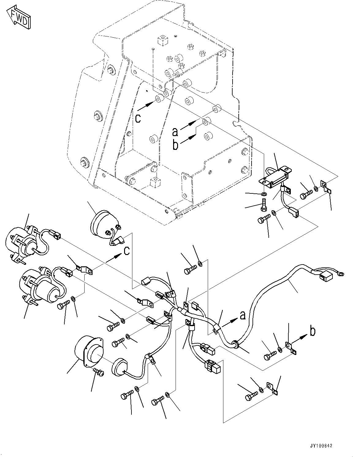 Komatsu parts book diagram for HD605-8 S/N 30072-UP (For KAL): FRONT SUPPORT, HEADLAMP, L.H. (WITH FOG LAMP)(#30228-)