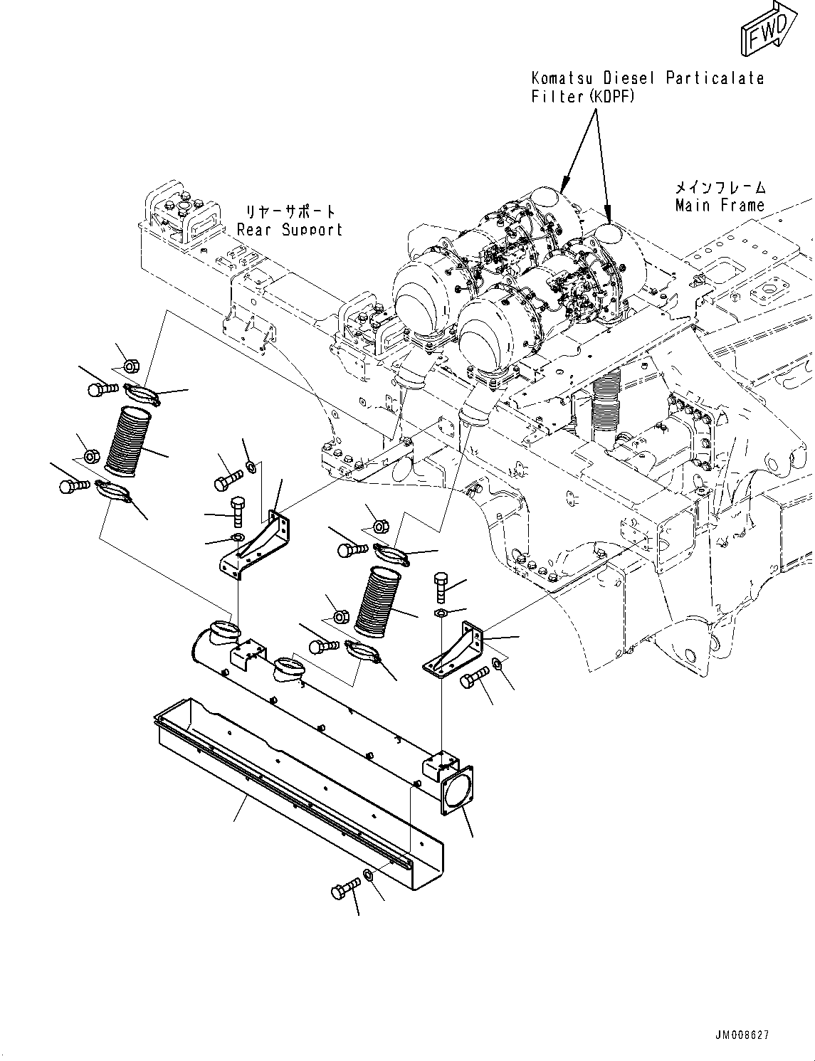 Komatsu parts book diagram for HD605-8 S/N 30072-UP (For KAL): EXHAUST PIPING, (2/3)(#30001-30022)