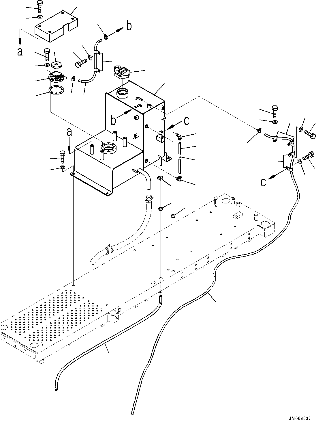 Komatsu parts book diagram for HD605-8 S/N 30072-UP (For KAL): PLATFORM GROUP, RESERVOIR TANK (WITH OIL FILLER CAP LOCK AND COVER LOCK) (#30001-)