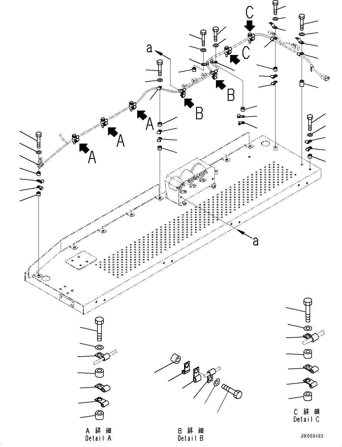 Komatsu parts book diagram for HD605-8 S/N 30072-UP (For KAL): SIDE PLATFORM, WIRING HARNESS MOUNTING, R.H. (WITH REARVIEW MIRROR, HEATED) (#30001-)