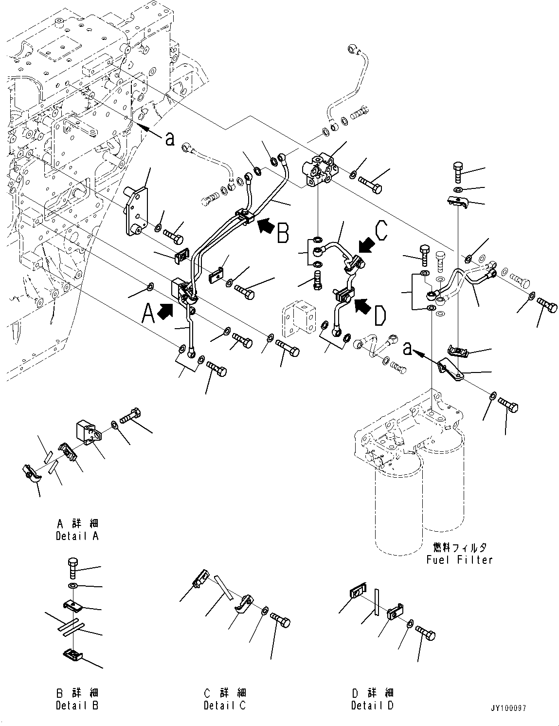 Komatsu parts book diagram for SAA6D170E-7D S/N 710161-UP (For PC1250-11/PC1250LC-11): FUEL FILTER, FUEL DOSER SHUT-OFF VALVE PIPING (1/2) (#710161-)