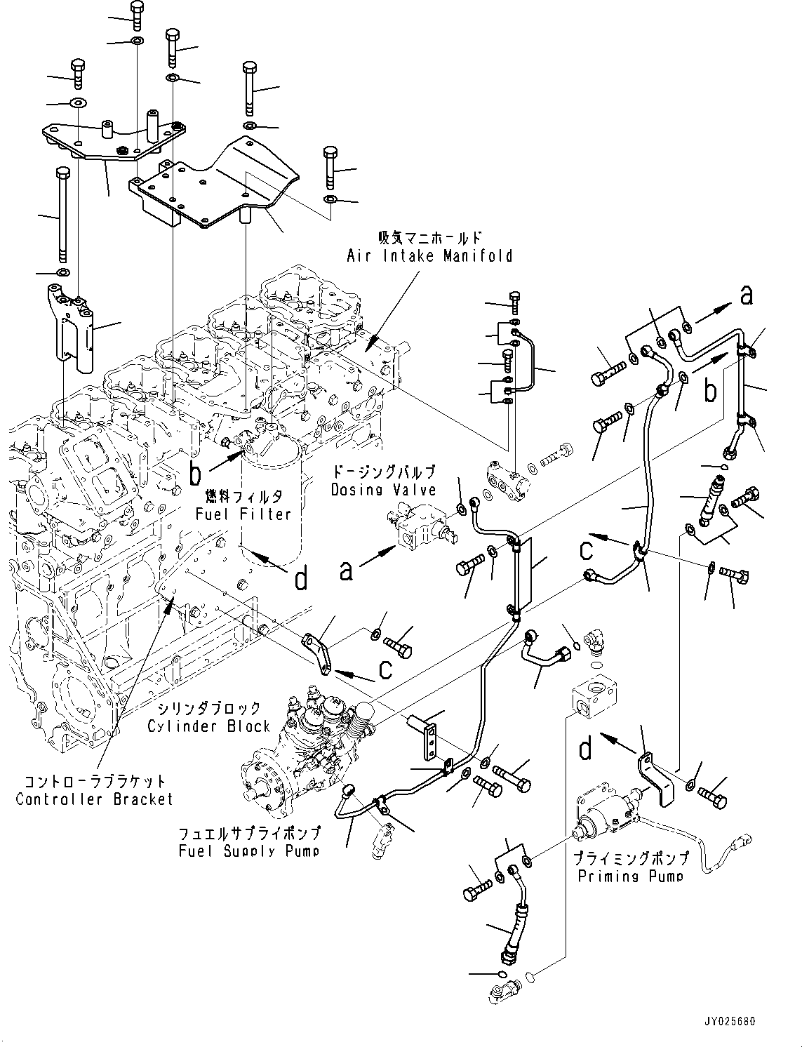 Komatsu parts book diagram for SAA6D125E-7 S/N 860032-UP (For HM300-5E0): FUEL FILTER, PRIMING PUMP PIPING (#860032-)