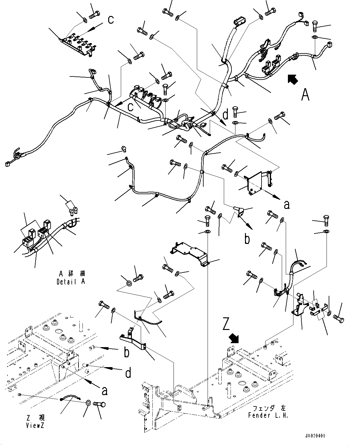 Komatsu parts book diagram for D85EXI-18E0 S/N 23363-UP: FENDER, WIRING HARNESS (1/2) (#23046-)