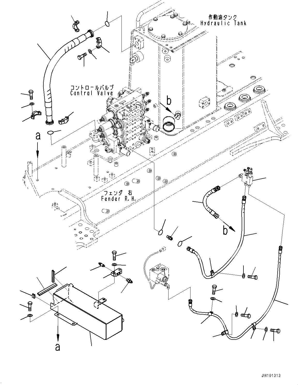 Komatsu parts book diagram for D85EXI-18E0 S/N 23363-UP: FENDER, HYDRAULIC TANK PIPING (#23046-)