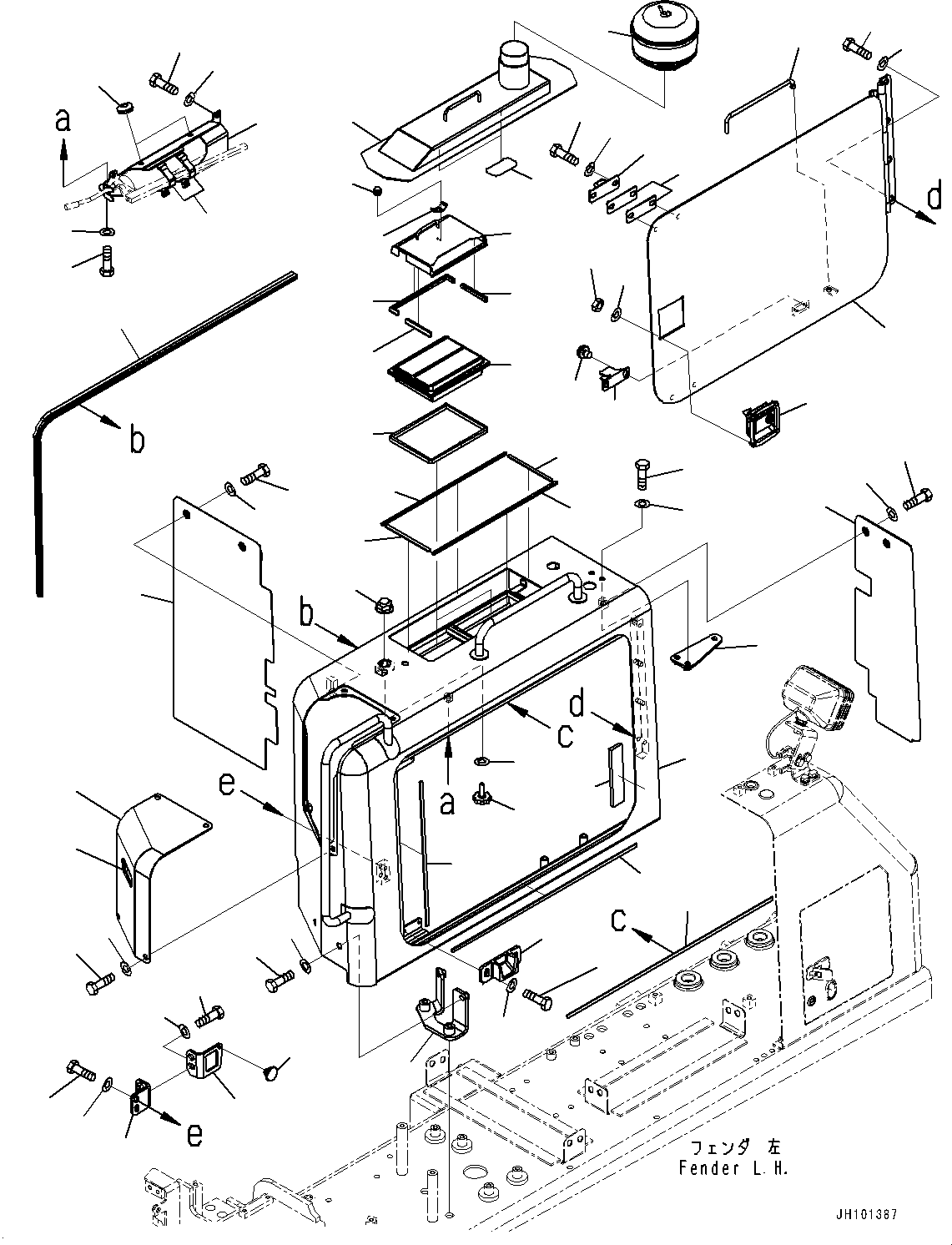 Komatsu parts book diagram for D85EXI-18E0 S/N 23363-UP: FENDER RELATED PARTS, BATTERY COVER (WITH PRE-CLEANER)(#22083-)