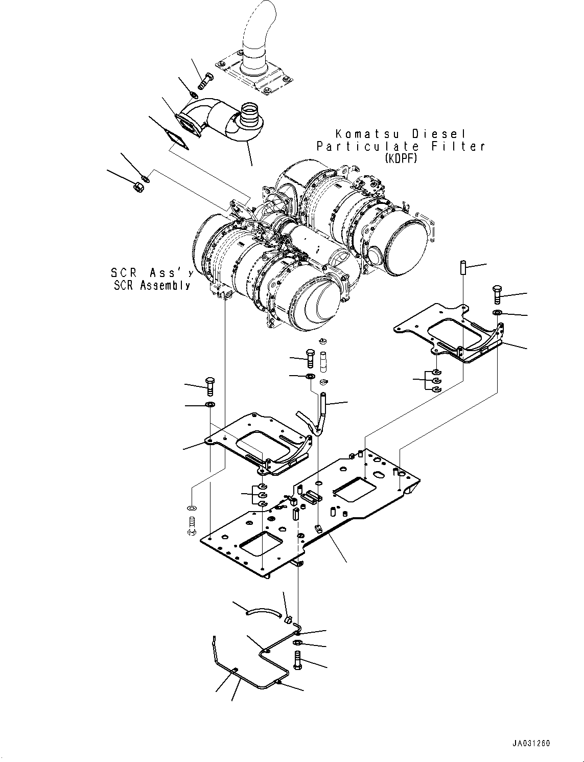 Wheel Loaders Komatsu / WA470-8E0 S/N 100445-UP(1001556C) / Exhaust Pipe, Komatsu Diesel Particulate Filter (KDPF) and SCR Assembly Mounting (2/3) (#100001-)(B004009 : B0300-002009)