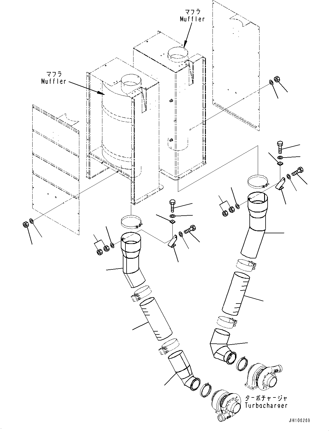 Komatsu parts book diagram for PC3400-11M0 S/N 36301-UP: EXHAUST, EXHAUST MUFFLER RELATED PARTS (2/3)(#36301-)