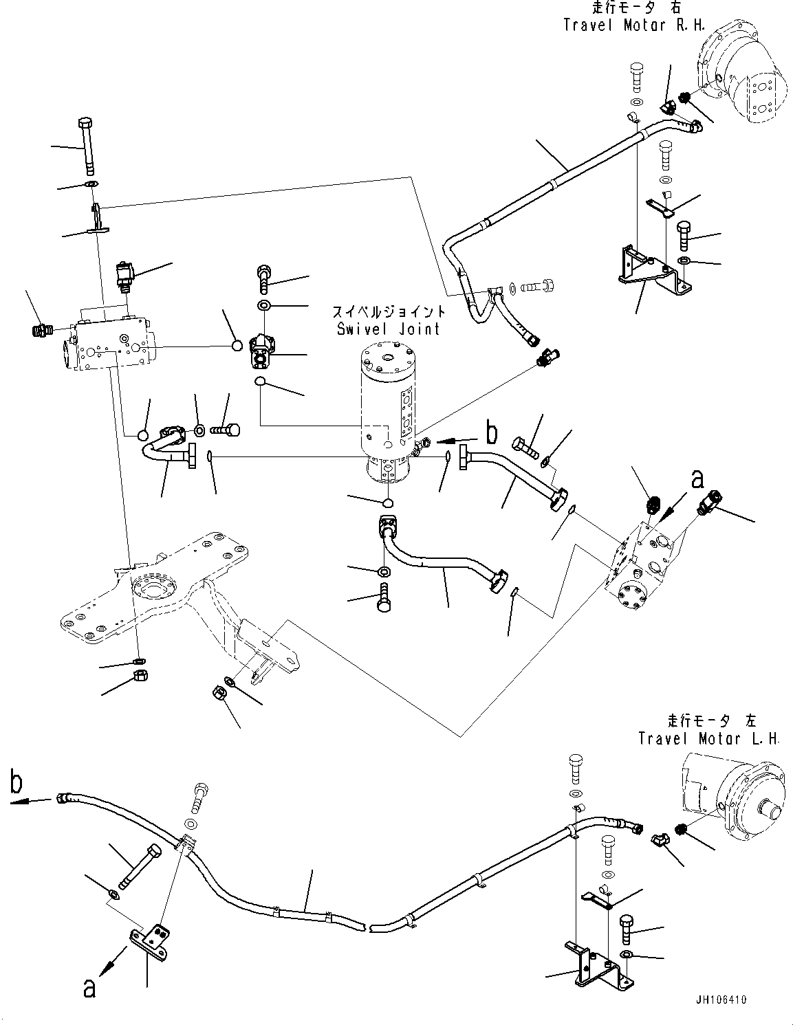 Komatsu parts book diagram for PC3400-11M0 S/N 36301-UP: TRAVEL PIPING, TUBE AND HOSE (1/2)(#36301-)