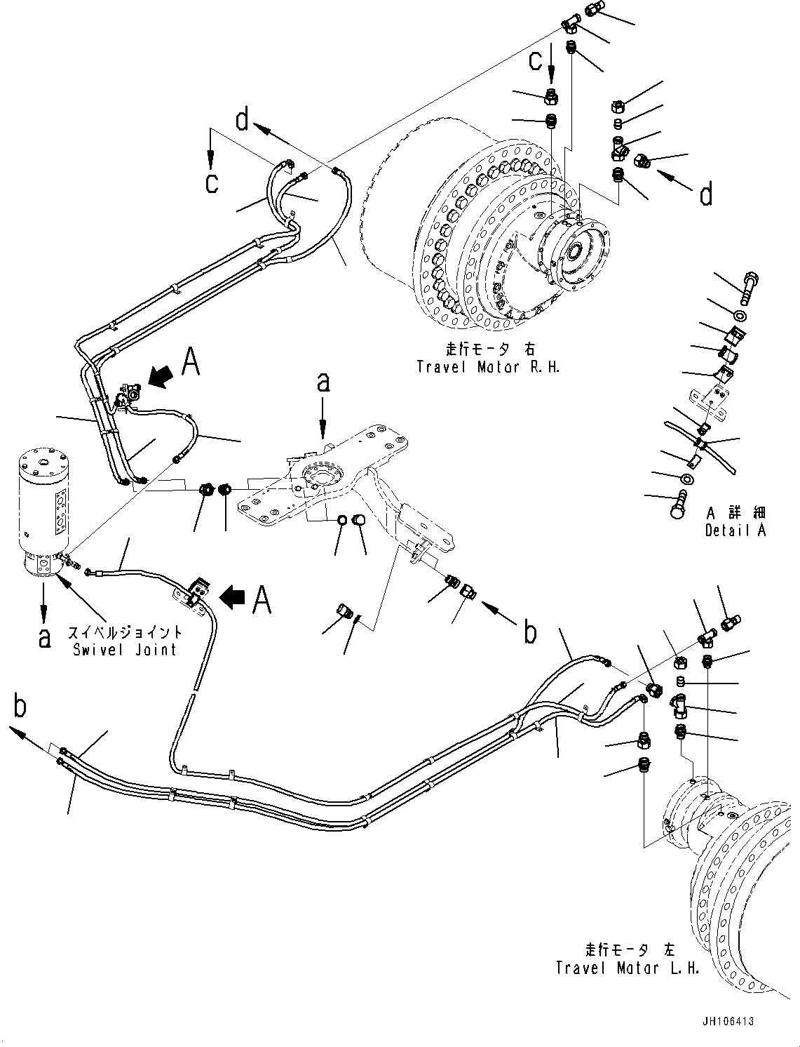 Komatsu parts book diagram for PC3400-11M0 S/N 36301-UP: TRAVEL PIPING, HOSE AND CLAMP(#36301-)