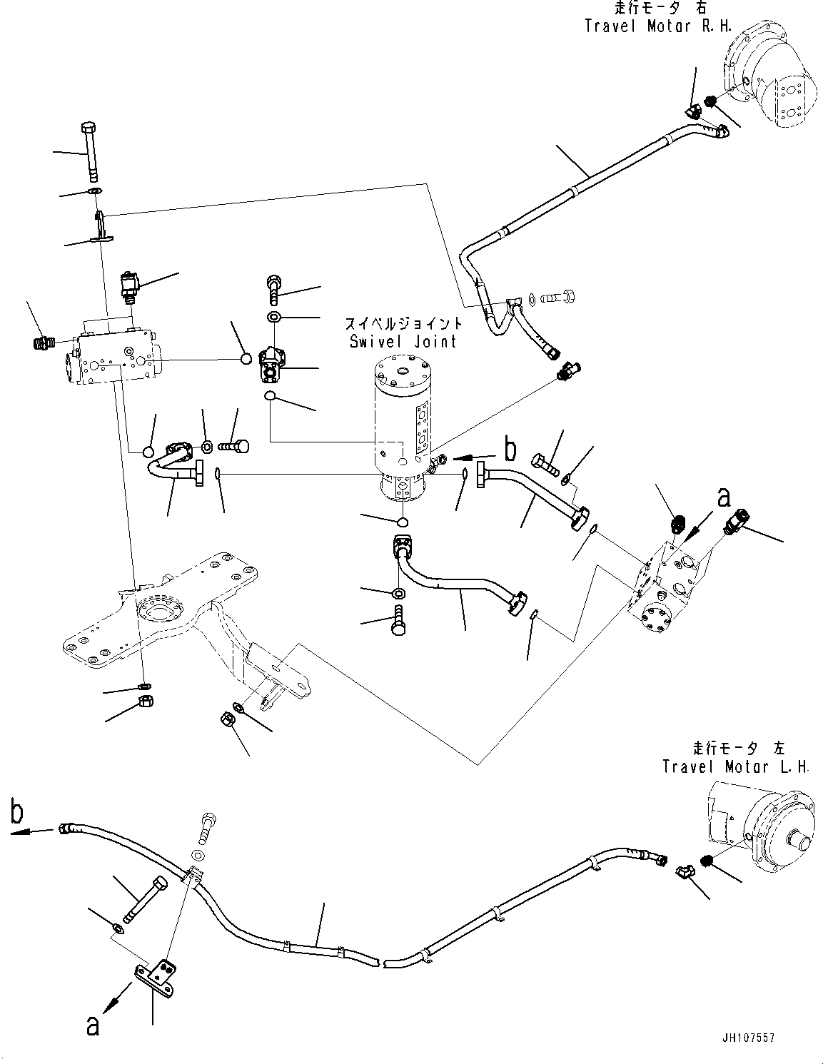 Komatsu parts book diagram for PC3400-11M0 S/N 36301-UP: TRAVEL PIPING, TUBE AND HOSE (1/2) (FOR TRAVEL MOTOR FULL COVER)(#36301-)