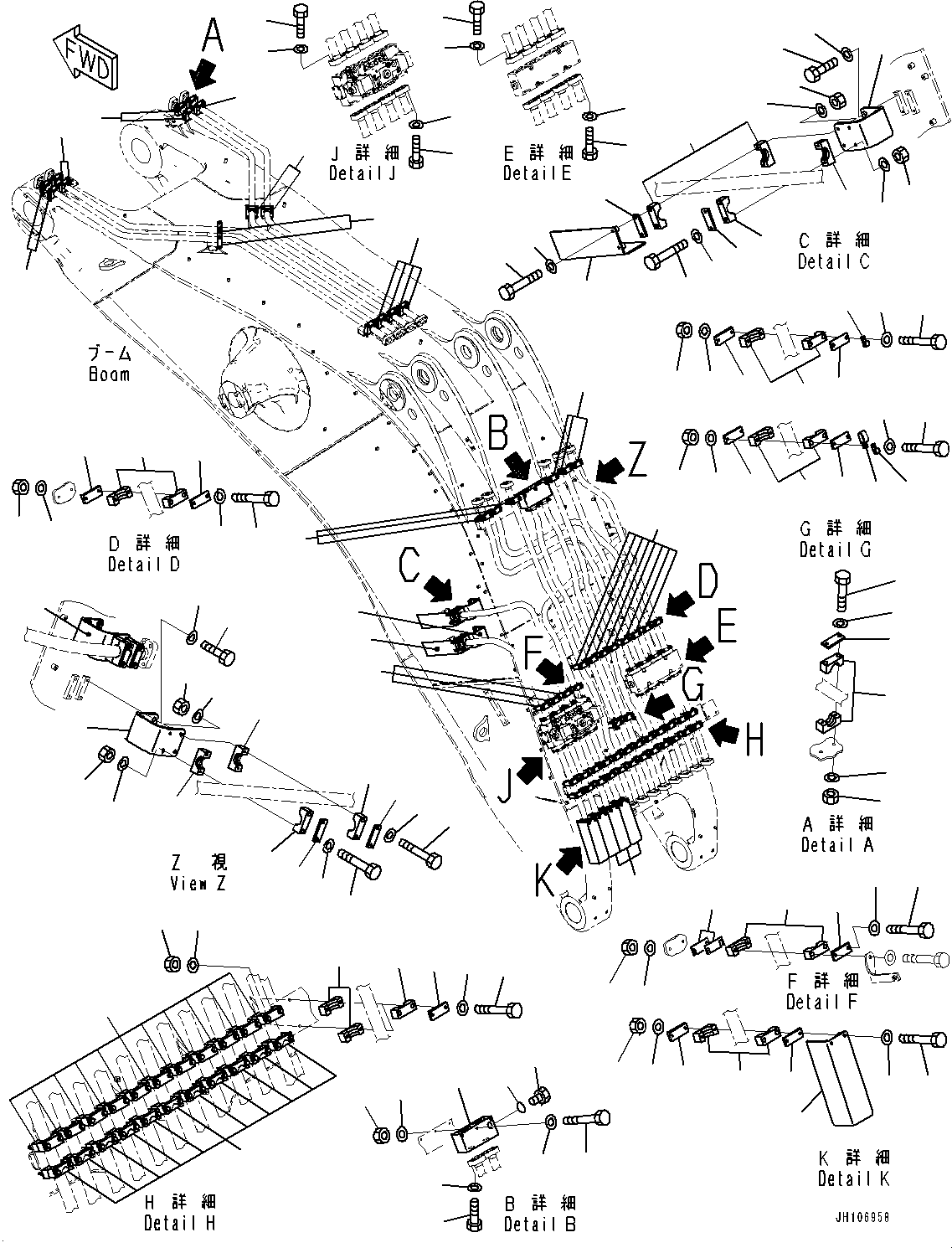 Komatsu parts book diagram for PC3400-11M0 S/N 36301-UP: BOOM, BRACKET AND CLAMP (9000MM)(#36301-)