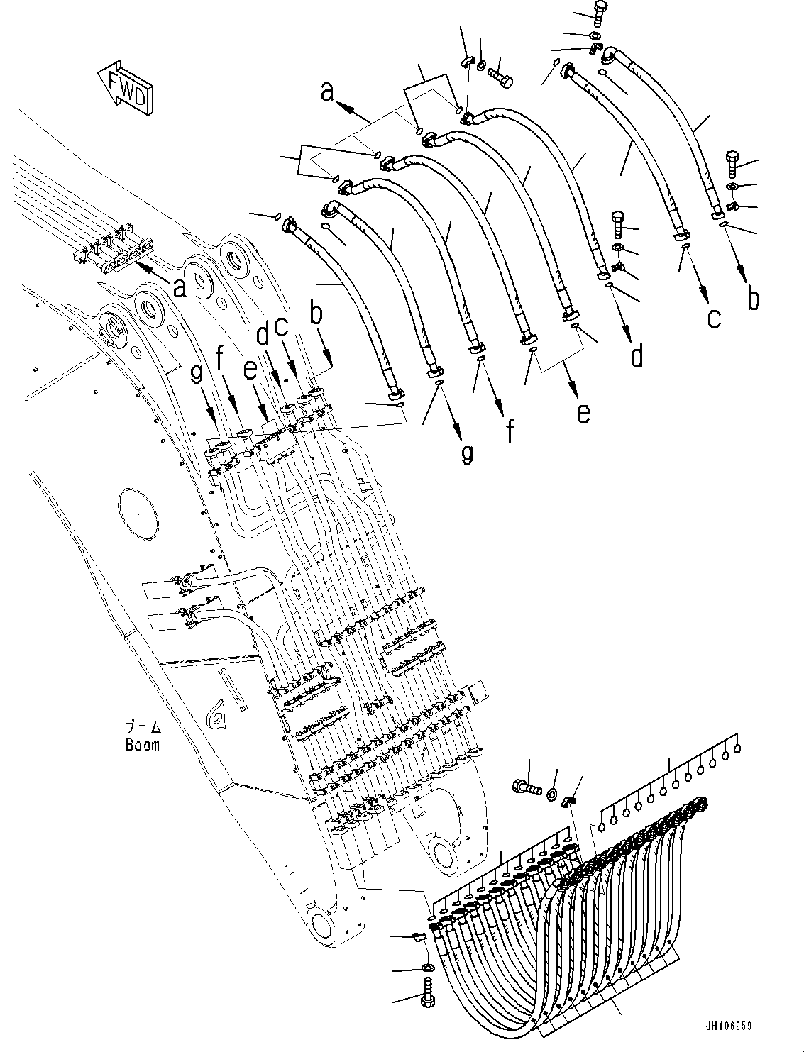 Komatsu parts book diagram for PC3400-11M0 S/N 36301-UP: BOOM, HOSE (1/2) (9000MM)(#36301-)