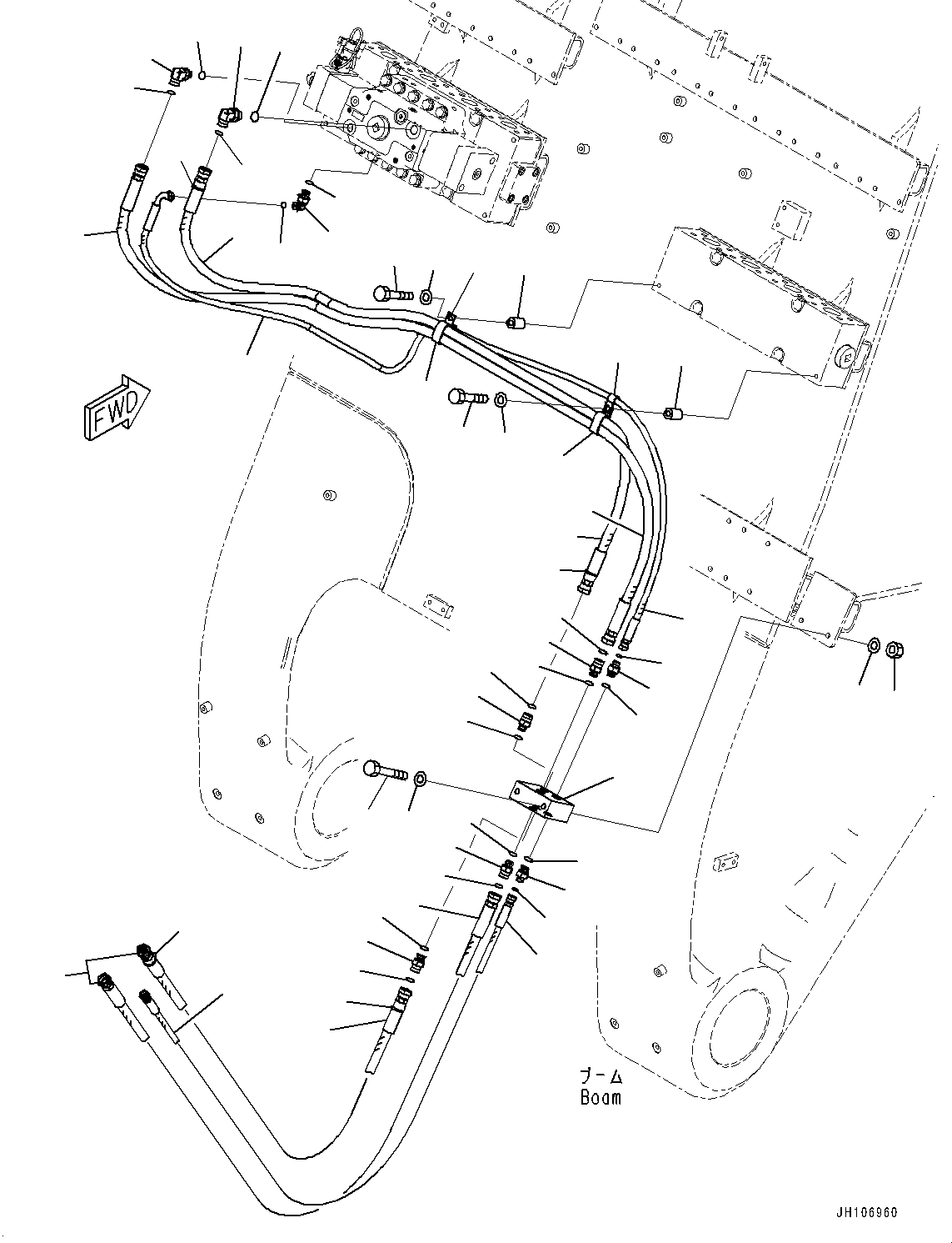 Komatsu parts book diagram for PC3400-11M0 S/N 36301-UP: BOOM, HOSE (2/2) (9000MM)(#36301-)