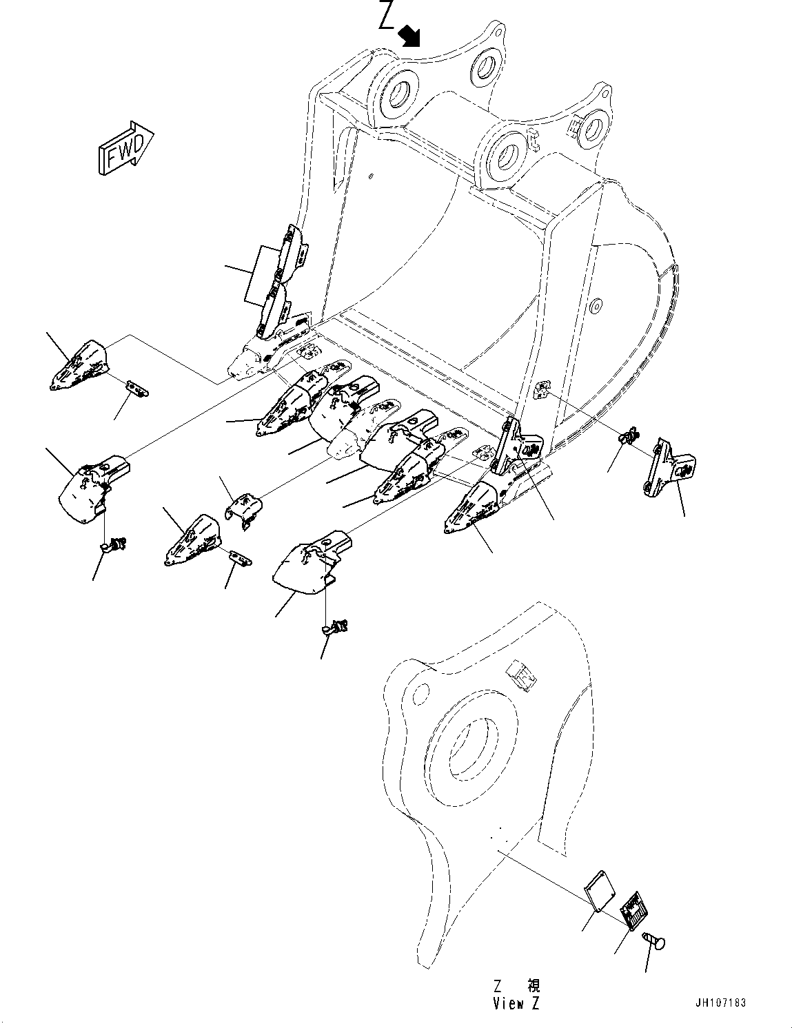 Komatsu parts book diagram for PC3400-11M0 S/N 36301-UP: BUCKET, TOOTH AND SIDE SHROUD (18.0M3, XS TOOTH)(#36301-)