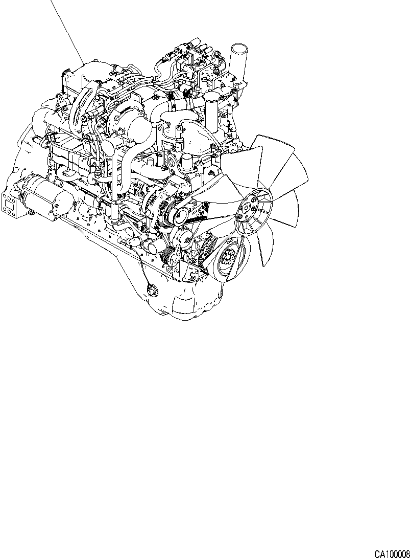Komatsu parts book diagram for PC200LC-8M0 S/N C10001-UP: ENGINE ASSEMBLY, EXHAUST MUFFLER AND HEAT SHIELD, ENGINE ASSEMBLY (60AMP. ALTERNATOR, ANTI VANDALISM BOLT FOR ENGINE CONTROLLER)