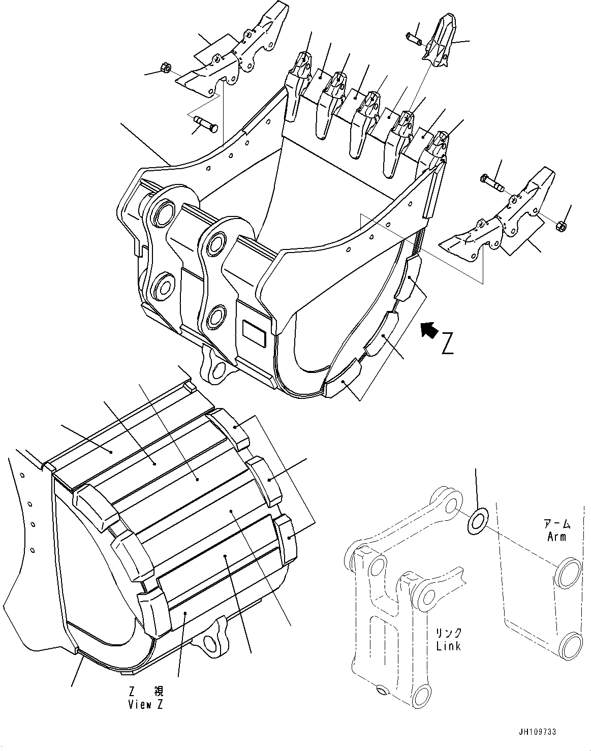 Komatsu parts book diagram for PC300-8M2 S/N 80001-UP: BUCKET, (1.50M3, 1260MM WIDTH, HORIZONTAL PIN TYPE, SIDE SHROUD)(#82676-)